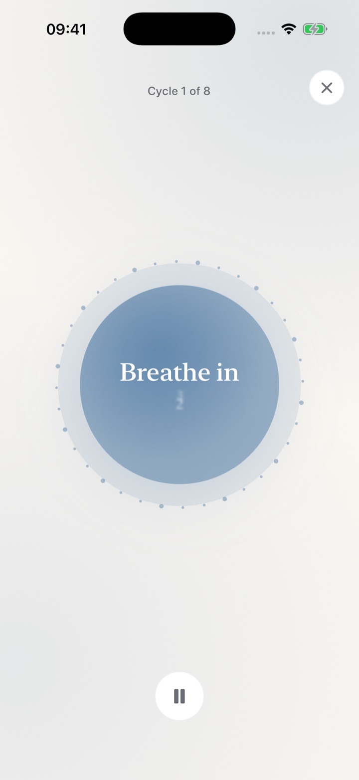 A breathing session in progress: a large soft blue orb reading “Breathe in, 3”, ringed by small drifting dots, on a calm pale background.